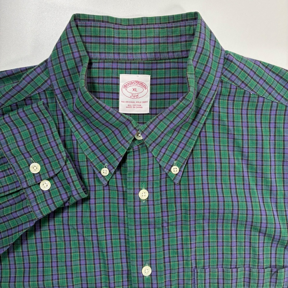 Brooks Brothers Button Down Shirt‎ XL Green Plaid Long Sleeve Oxford